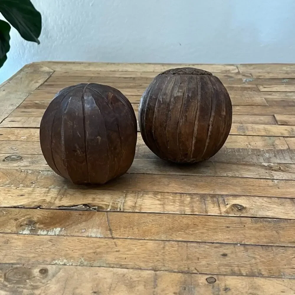 Pair of 2 Wood Carpet Ball Orb Sphere Folk Art Decor Hand Carved Vintage